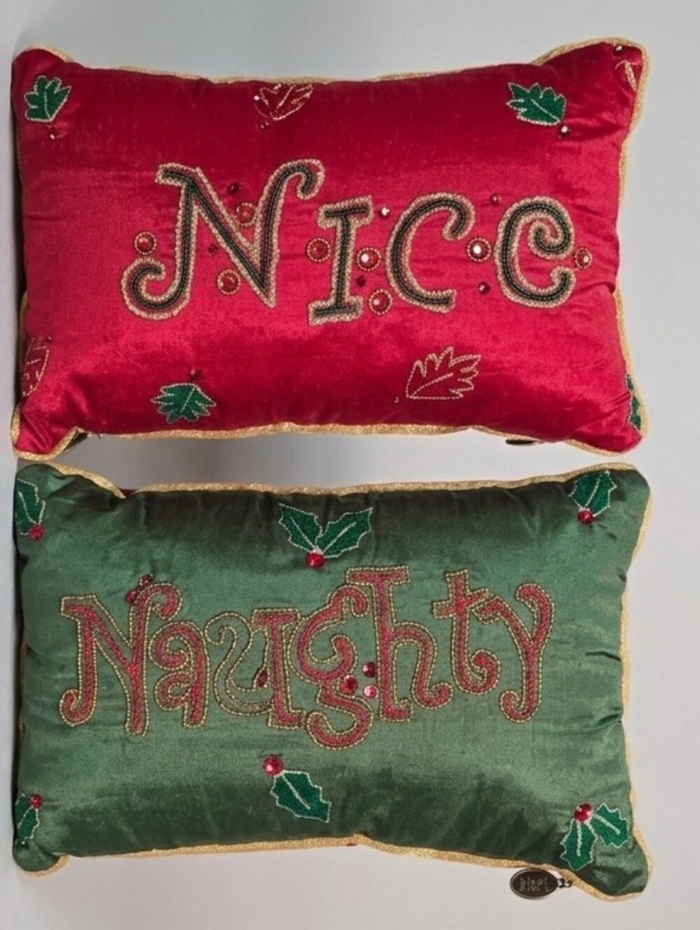 Pier 1 Reversible Naughty Nice Christmas Plush Pillow Beaded Holly